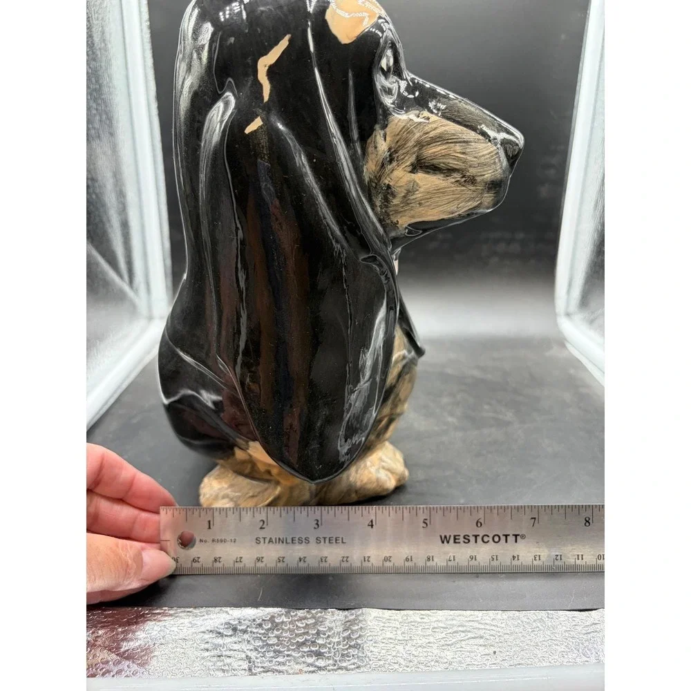 Vintage Ceramic Basset Hound Dog Figurine Signed Snoopy Black Tan Glossy 11.5in